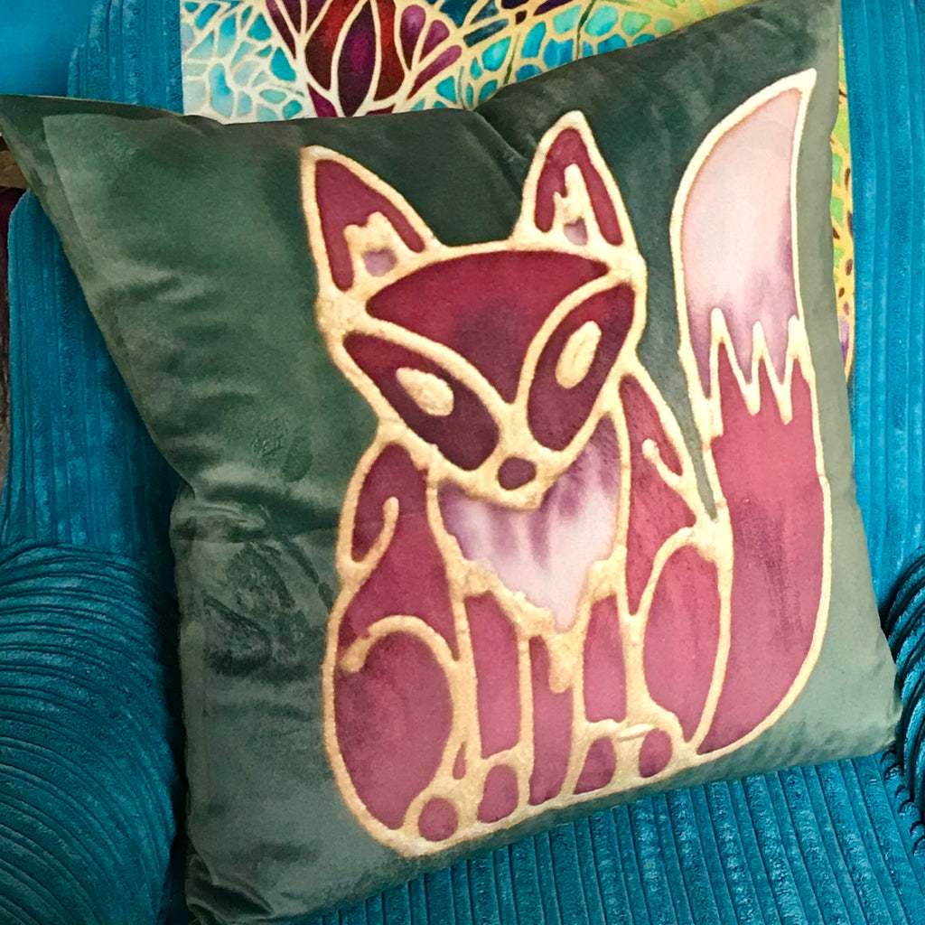 Red Fox Velvet Cushion. Fun Fox Green Rust Red Velvet Cushion Gift for Animal or Wildlife Lover