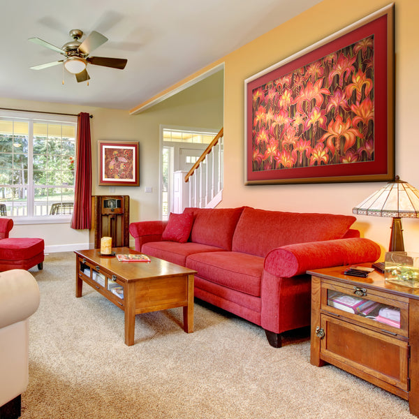 SOLD Red Irises Original Silk Painting - Hand-Painted Silk Iris Art - Dramatic red yellows Art