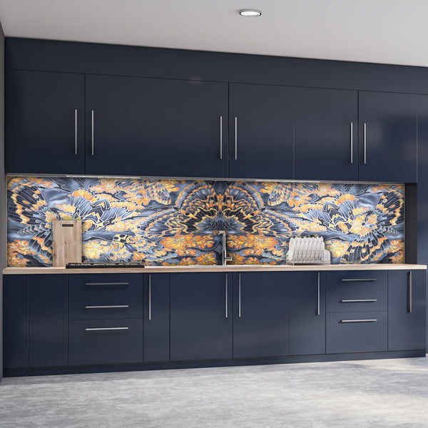 Contemporary Moth Splashback  - Grey Blue Orange Made to Measure Glass Splashback