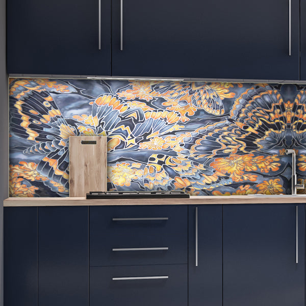 Contemporary Moth Splashback  - Grey Blue Orange Made to Measure Glass Splashback