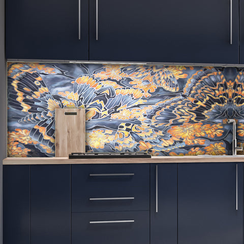 Contemporary Moth Splashback  - Grey Blue Orange Made to Measure Glass Splashback