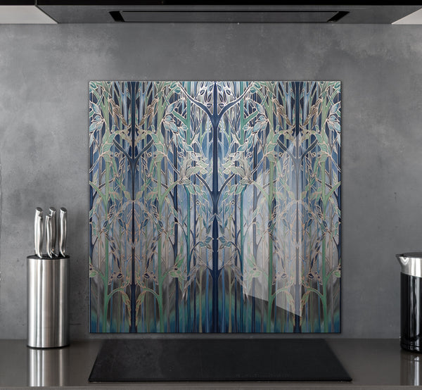 Contemporary Teal Forest Splashback  - Teal Blue Aqua Taupe Made to Measure Glass Splashback