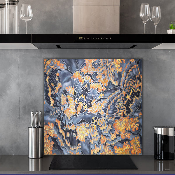 Contemporary Moth Splashback  - Grey Blue Orange Made to Measure Glass Splashback