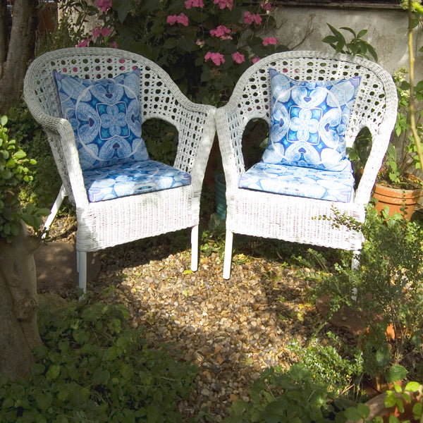 Blue Shell Garden Seat Pad - Made to Order Exterior Textiles - Pretty Shower Proof Fabrics