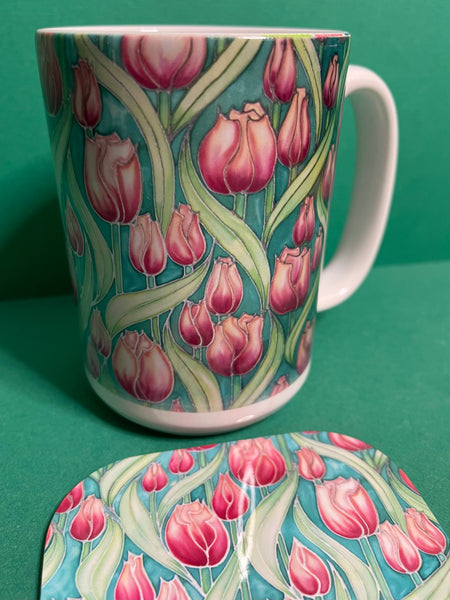 Pretty Pink Tulips Mug and Coaster - XL & Regular Sizes Flower Lovers Mug Gift Box Set -