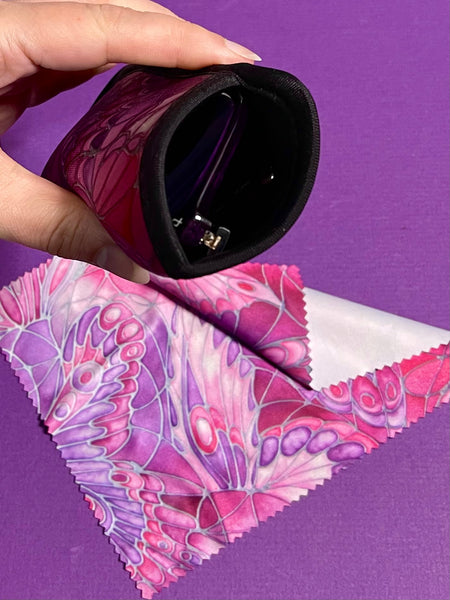 Plum butterflies glasses case and cleaning cloth. soft spectacles cover. phone computer screen cleaning cloth. Butterfly reading glasses case. tree lovers gift. gardeners gift. nature lovers gift. gift for him. book lovers gift.