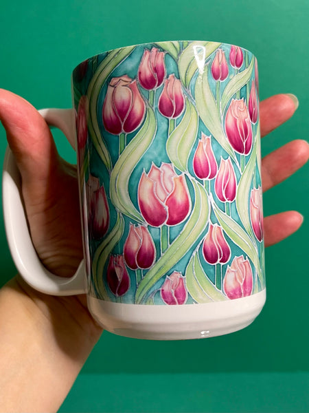 Pretty Pink Tulips Mug and Coaster - XL & Regular Sizes Flower Lovers Mug Gift Box Set -