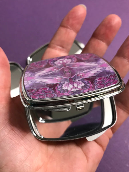 Art Nouveau Butterfly Pocket Mirror in Pink and Plum - Pretty Folding Handbag Mirror - Gift for Her