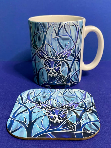 Blue Stag Mug and Coaster - Extra Large & Regular Mug Sizes Woodland Lovers Mug Gift Box Set -