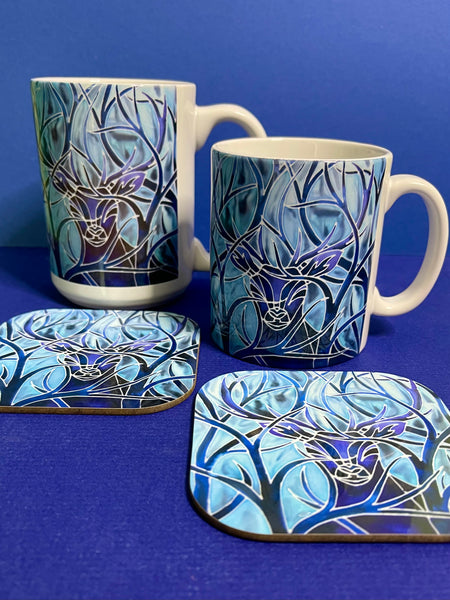 Blue Stag Mug and Coaster - Extra Large & Regular Mug Sizes Woodland Lovers Mug Gift Box Set -