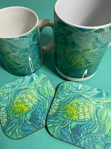 Green Turtles Mug and Coaster - Extra Large & Regular Mug Sizes Turtles Lovers Mug Gift Box Set -