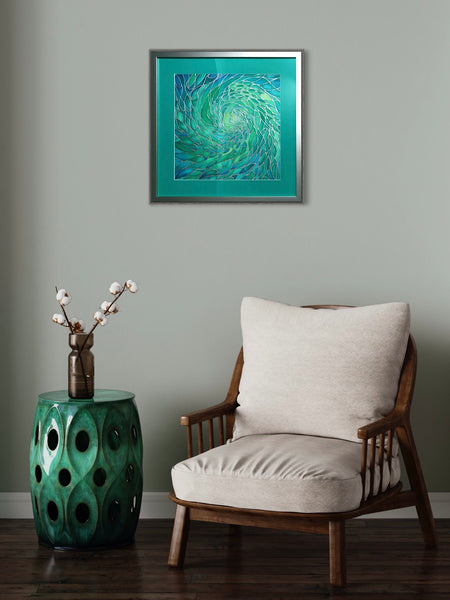 Sea Green Lime Aqua ‘Enchanted Depths’ Mesmerising Shoal Silk Painting - hand painted silk Sparkling  Shoal