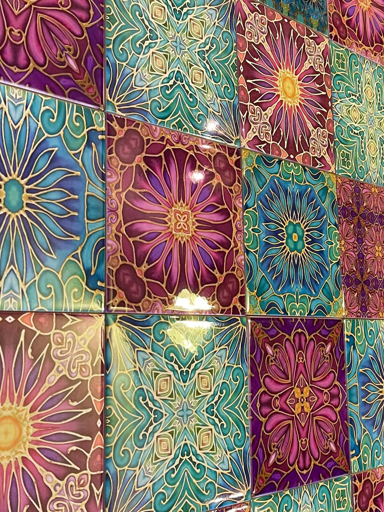 Jubilation Set of 20 Ceramic Tiles - Bohemian Plum and Teal Green Bohemian Kitchen Tiles