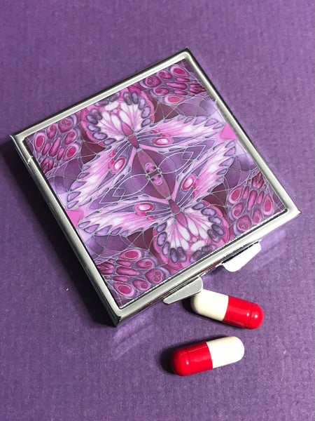 Pink Plum Art Nouveau Style Large Pill Box - Twin Butterfly Stud Earing Jewellery Box