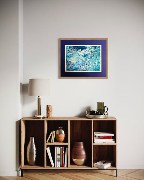 Blue Coral Reef Print - Ultramarine Aqua Fish in Coral Reef Print - Bathroom Art