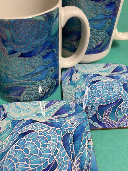 Blue Aqua Turtles Mug and Coaster - Extra Large & Regular Mug Sizes Turtles Lovers Mug Gift Box Set -