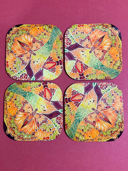 Tableware, placemats, table mats, coasters, chopping boards, trivets, mugs, mouse mats, square table mats, round table mats, rectangular placemats, caramel terracotta green butterflies.