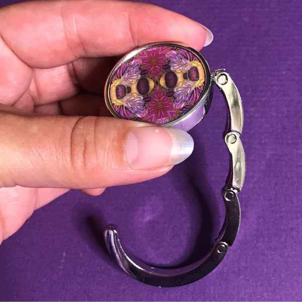 cute purple plum bees round shaped hand bag hanger. keep your handbag off the floor and safe by your side with this  birthday, Christmas or valentines. for mum, auntie, friend, teacher, colleague.