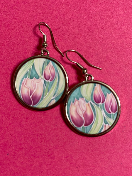 Beautiful Pink Tulip Flower Round Drop Earings - Affordable gift