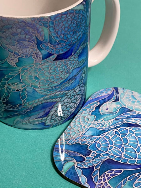 Blue Aqua Turtles Mug and Coaster - Extra Large & Regular Mug Sizes Turtles Lovers Mug Gift Box Set -