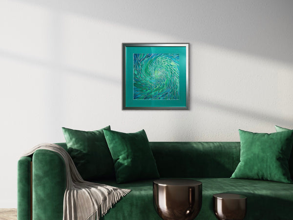 Sea Green Lime Aqua ‘Enchanted Depths’ Mesmerising Shoal Silk Painting - hand painted silk Sparkling  Shoal