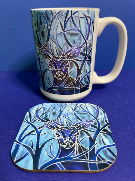 Blue Stag Mug and Coaster - Extra Large & Regular Mug Sizes Woodland Lovers Mug Gift Box Set -