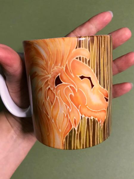 Golden Lion Mug & Coaster - Mighty Lion Mug Box Set - Green Gold Yellow - Wildlife Lovers Mug Gift