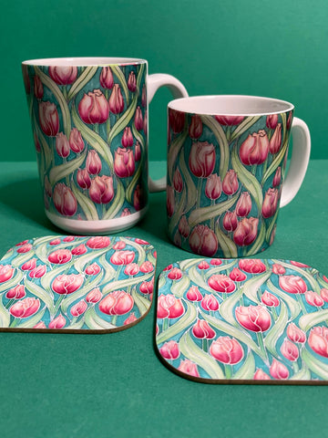 Pretty Pink Tulips Mug and Coaster - XL & Regular Sizes Flower Lovers Mug Gift Box Set -