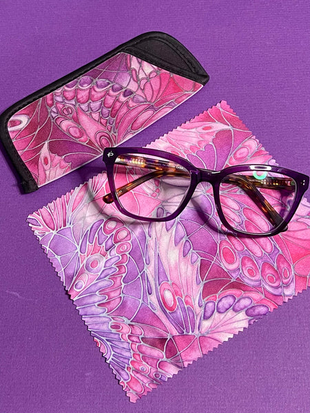 Plum butterflies glasses case and cleaning cloth. soft spectacles cover. phone computer screen cleaning cloth. Butterfly reading glasses case. tree lovers gift. gardeners gift. nature lovers gift. gift for him. book lovers gift.