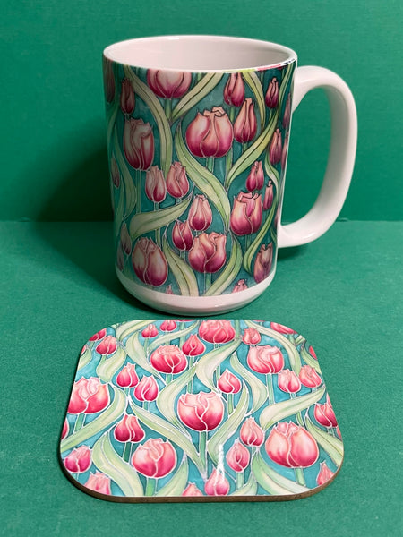 Pretty Pink Tulips Mug and Coaster - XL & Regular Sizes Flower Lovers Mug Gift Box Set -