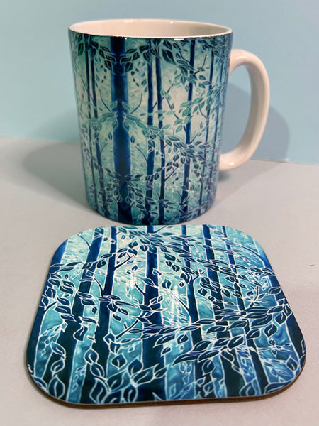 Blue Teal Trees Mug in Extra Large & Regular Sizes, add Coaster for Box Set - Great Gift for Tree, Woods, Forests, Nature, Tea or Coffee Lovers. Man sized Mug. Gifts for Men.