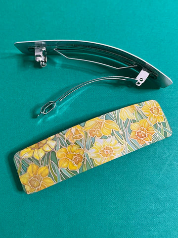 Spring Daffodils Flower Hair Slide Barrette - Yellow Flower Arts and Crafts Style Hair Clip.