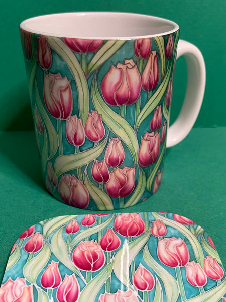 Pretty Pink Tulips Mug and Coaster - XL & Regular Sizes Flower Lovers Mug Gift Box Set -