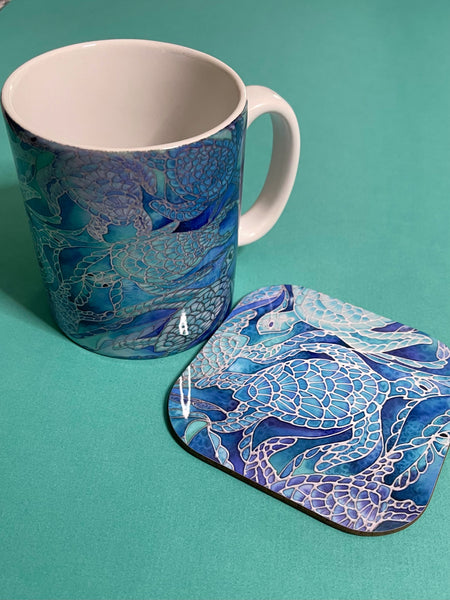 Blue Aqua Turtles Mug and Coaster - Extra Large & Regular Mug Sizes Turtles Lovers Mug Gift Box Set -