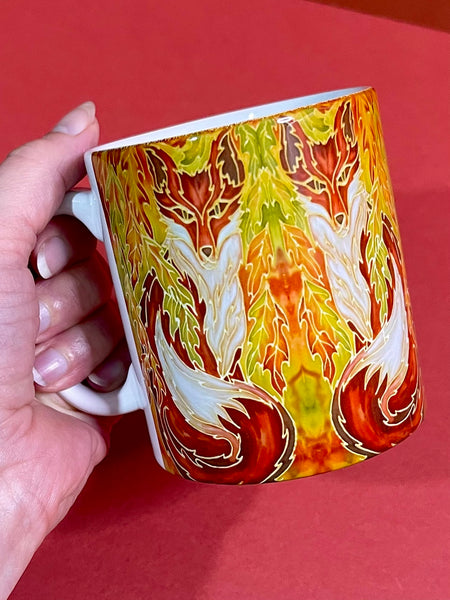 Extra Large Foxes Mug. Red Green Golden Yellow mugs in BIG & standard sizes.  mug & coaster box set. nature lovers gift set. wildlife lovers gift. fox lovers gift. gift for him. gift for teacher. gift for her. tea coffee lovers gift.