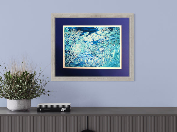 Blue Coral Reef Print - Ultramarine Aqua Fish in Coral Reef Print - Bathroom Art