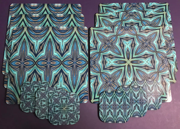 Teal Blue Geometric Fusion Square Table Mats & Coasters - Place