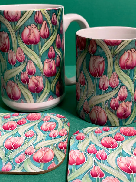 Pretty Pink Tulips Mug and Coaster - XL & Regular Sizes Flower Lovers Mug Gift Box Set -