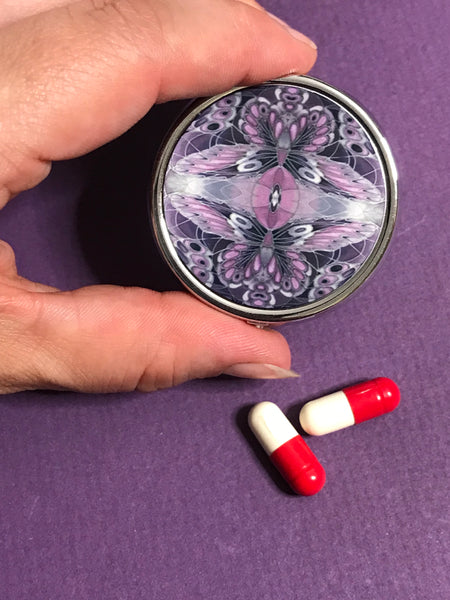 Goth Punk Purple Black Butterflies Pill Box - Round Medicine Box - Stud Earing Jewellery Box