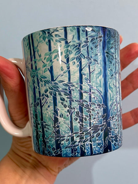 Blue Teal Trees Mug in Extra Large & Regular Sizes, add Coaster for Box Set - Great Gift for Tree, Woods, Forests, Nature, Tea or Coffee Lovers. Man sized Mug. Gifts for Men.