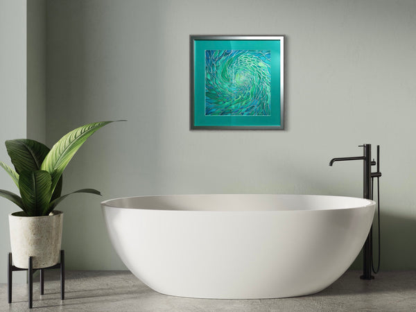 Sea Green Lime Aqua ‘Enchanted Depths’ Mesmerising Shoal Silk Painting - hand painted silk Sparkling  Shoal