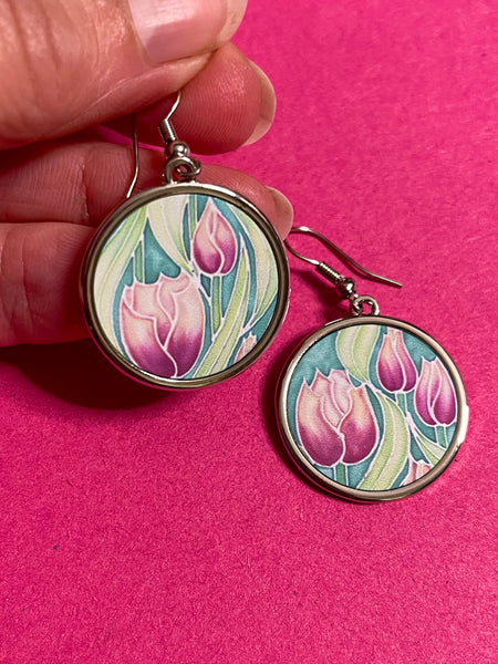 Beautiful Pink Tulip Flower Round Drop Earings - Affordable gift