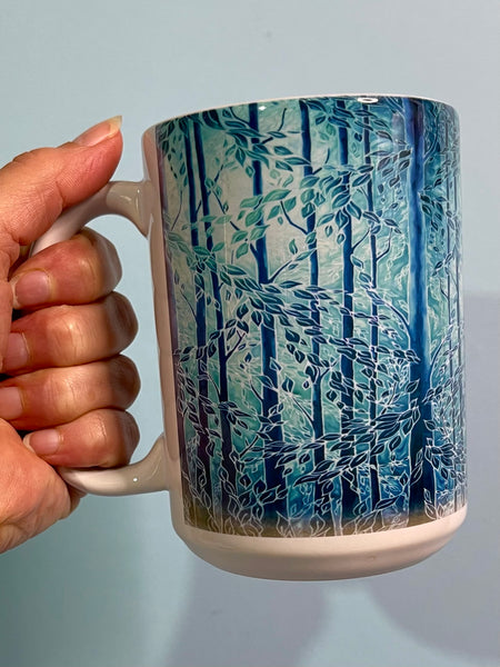 Blue Teal Trees Mug in Extra Large & Regular Sizes, add Coaster for Box Set - Great Gift for Tree, Woods, Forests, Nature, Tea or Coffee Lovers. Man sized Mug. Gifts for Men.