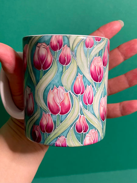 Pretty Pink Tulips Mug and Coaster - XL & Regular Sizes Flower Lovers Mug Gift Box Set -