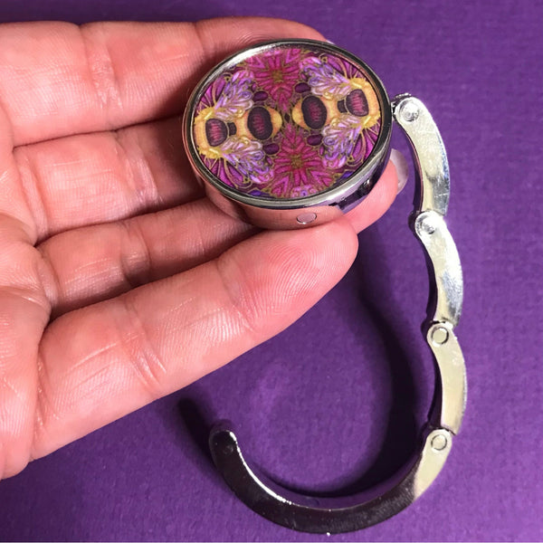 cute purple plum bees round shaped hand bag hanger. keep your handbag off the floor and safe by your side with this  birthday, Christmas or valentines. for mum, auntie, friend, teacher, colleague.