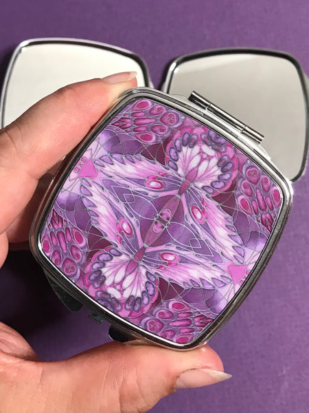 Art Nouveau Butterfly Pocket Mirror in Pink and Plum - Pretty Folding Handbag Mirror - Gift for Her