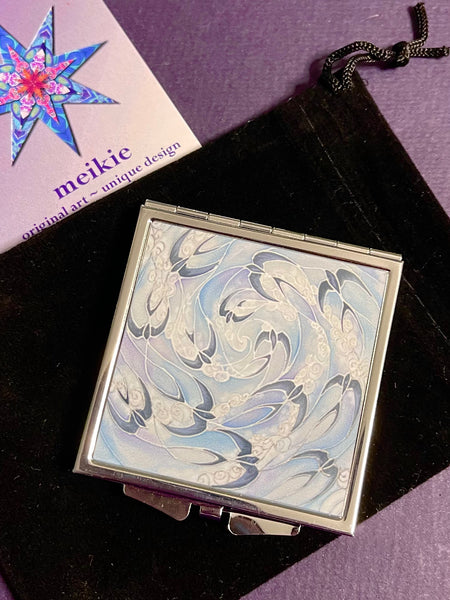 Blue Lilac Swallows & Clouds Pocket Mirror - Pretty Folding Compact Make Up Handbag Mirror - Gift for Her