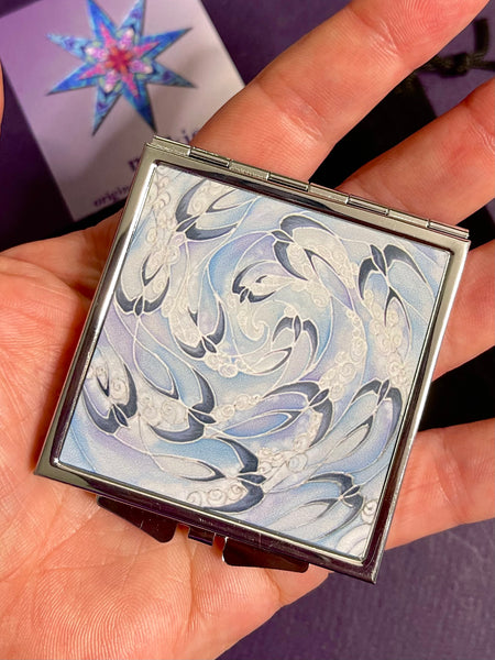 Blue Lilac Swallows & Clouds Pocket Mirror - Pretty Folding Compact Make Up Handbag Mirror - Gift for Her