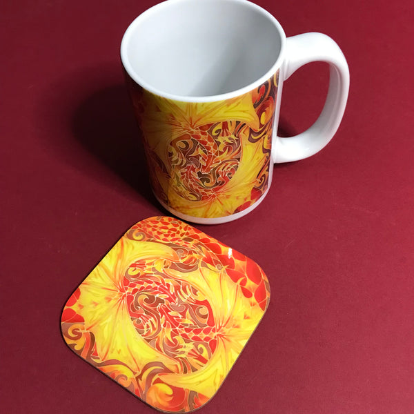 Extra Large Dragons Mug. Red and Golden Yellow mugs in BIG & standard sizes.  mug & coaster box set. mythical magical creatures lovers gift set. Fantasy lovers gift. dolphin lovers gift. gift for him. gift for teacher. gift for her. tea coffee lovers gift.