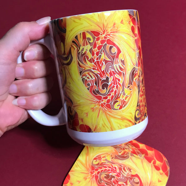 Extra Large Dragons Mug. Red and Golden Yellow mugs in BIG & standard sizes.  mug & coaster box set. mythical magical creatures lovers gift set. Fantasy lovers gift. dolphin lovers gift. gift for him. gift for teacher. gift for her. tea coffee lovers gift.